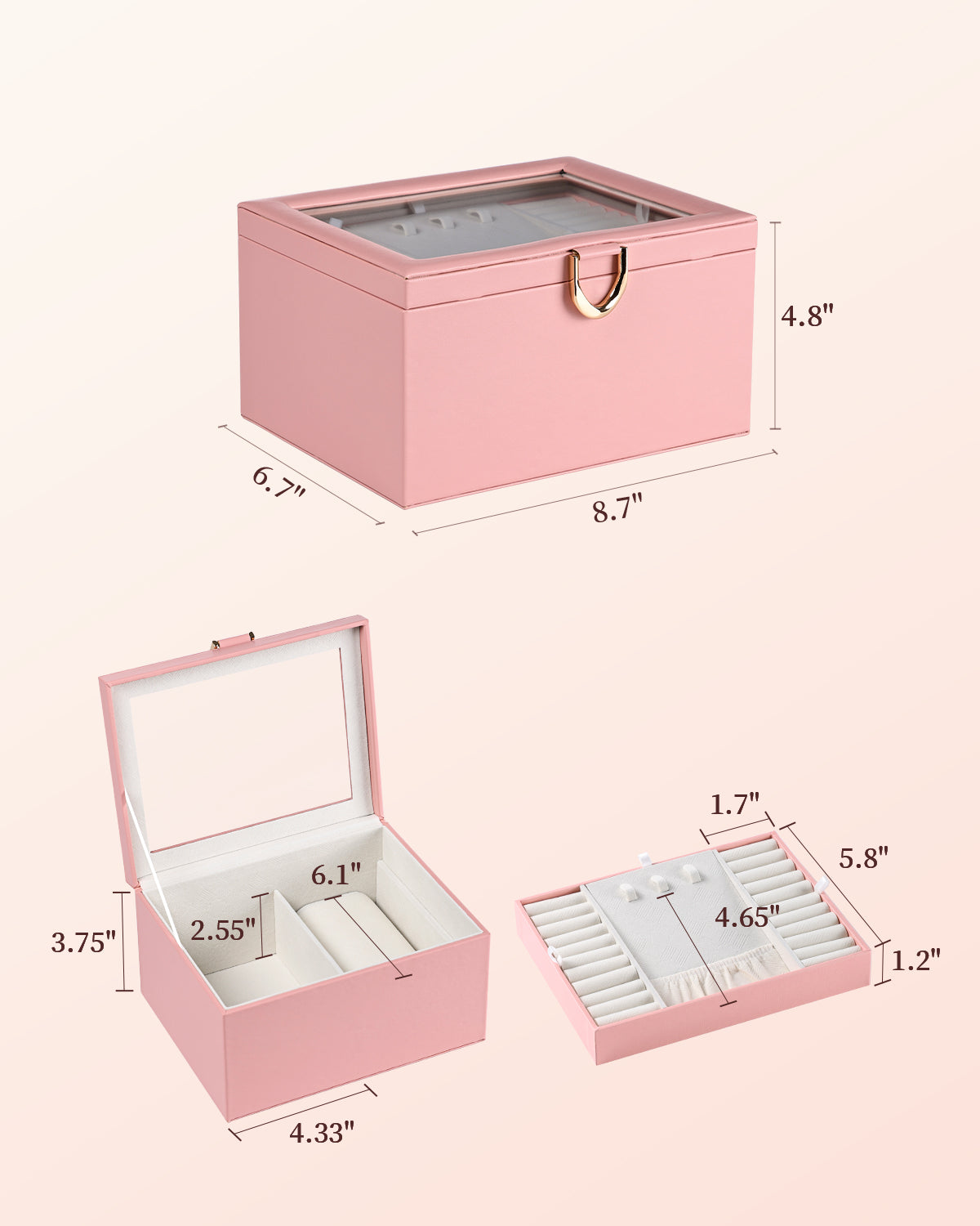 Casegrace Jewelry Box With Built-in Mirror & Double Panel Storage, Watch Pillows & Multi-compartment Design