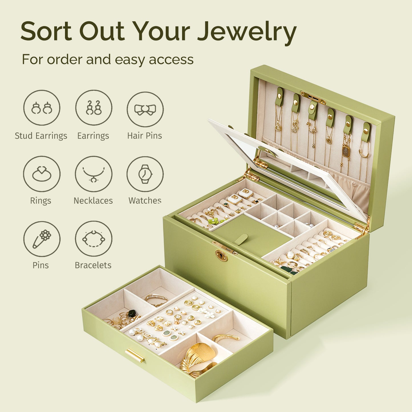 Casegrace 4-Tier Jewelry Box with Flowing-Gold Decoration Glass Lid, Drawer Jewelry Storage, With Big Mirror, Double-sided Organizer for Necklaces Earrings, With Key Lock