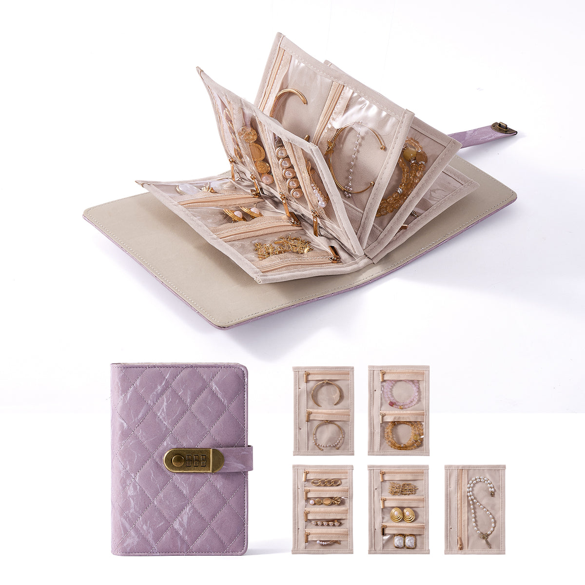 CASEGRACE Quilted PU Leather Jewelry Binder Book with Combination Lock, Removable Zipper Pouches Travel Jewelry Organizer