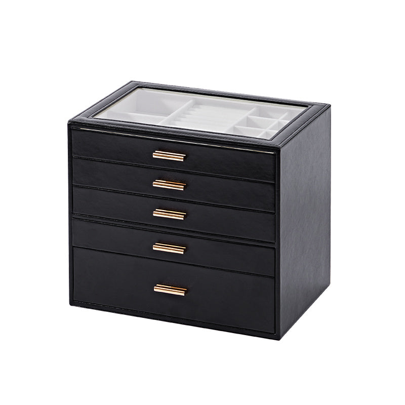 Casegrace 6 Drawer Large PU Leather Jewelry Storage Box with Clear Glass Top, Jewelry Organizer Case for Rings Earrings Necklaces Bracelets Watches