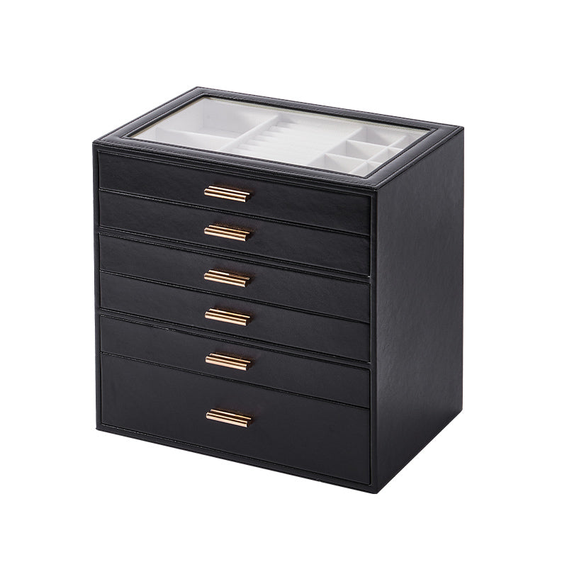 Casegrace 6 Drawer Large PU Leather Jewelry Storage Box with Clear Glass Top, Jewelry Organizer Case for Rings Earrings Necklaces Bracelets Watches