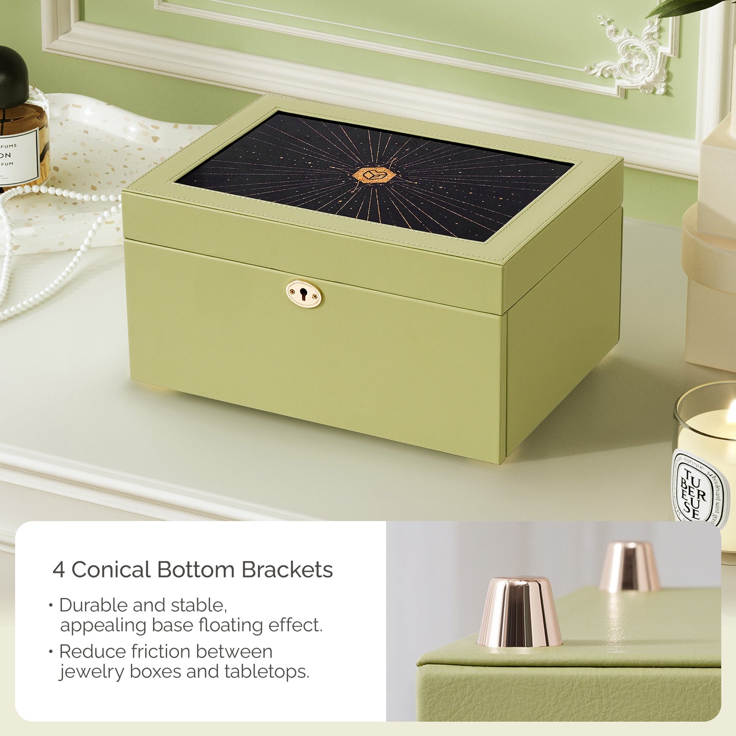 Casegrace 4-Tier Jewelry Box with Flowing-Gold Decoration Glass Lid, Drawer Jewelry Storage, With Big Mirror, Double-sided Organizer for Necklaces Earrings, With Key Lock