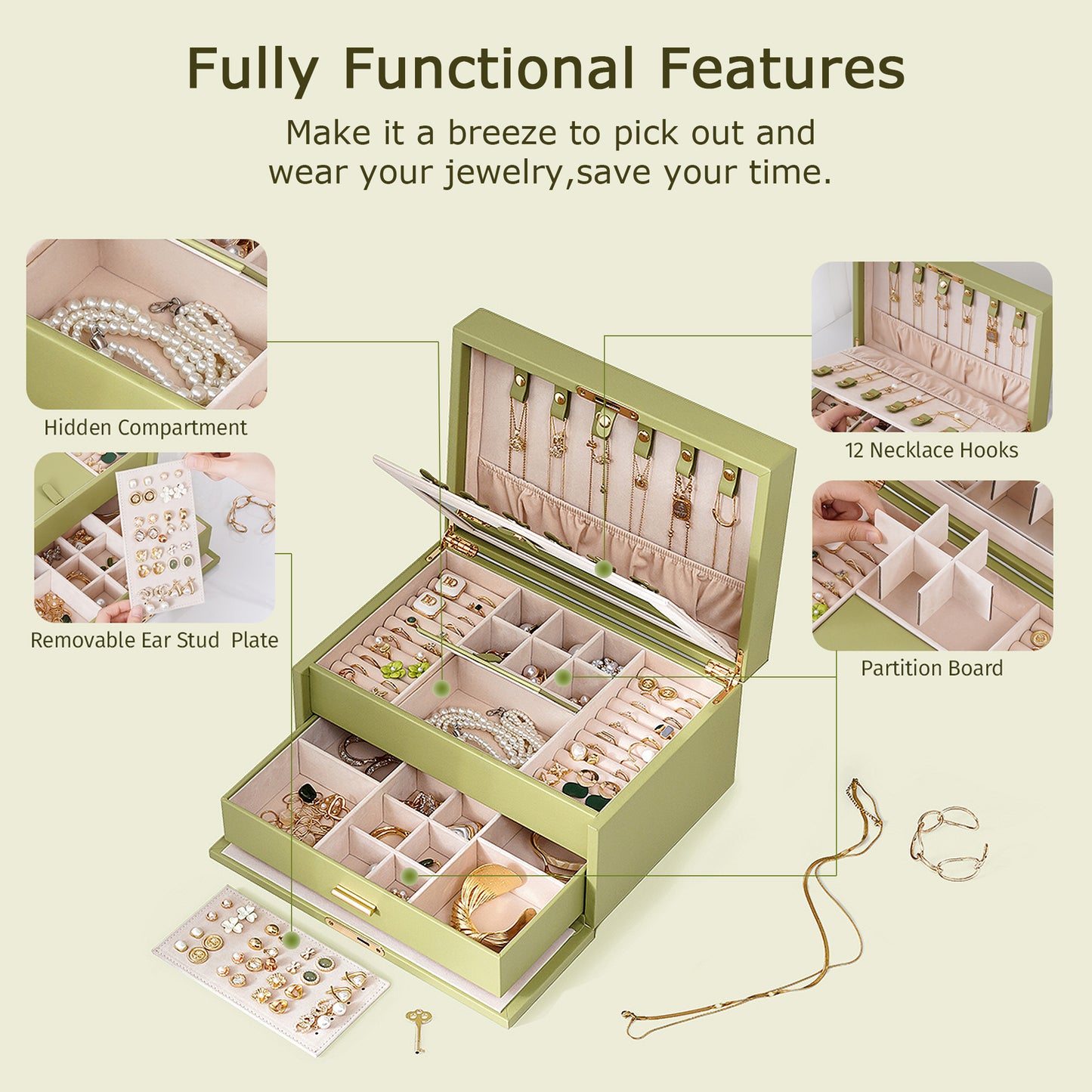 Casegrace 4-Tier Jewelry Box with Flowing-Gold Decoration Glass Lid, Built-in Mirror, Double Drawer, With Key