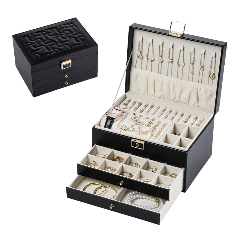 3 Layers PU Leather Jewelry Storage Box with Lock
