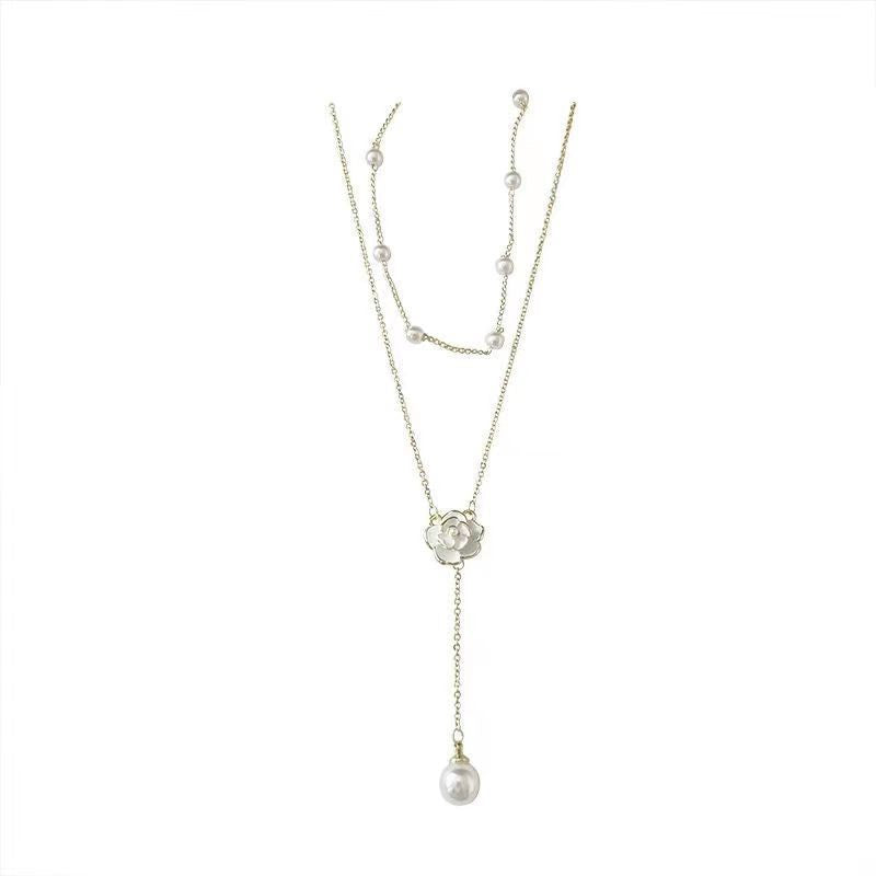 Bohemian Layered Pearl Camellia Flower Pendant Necklace Gold