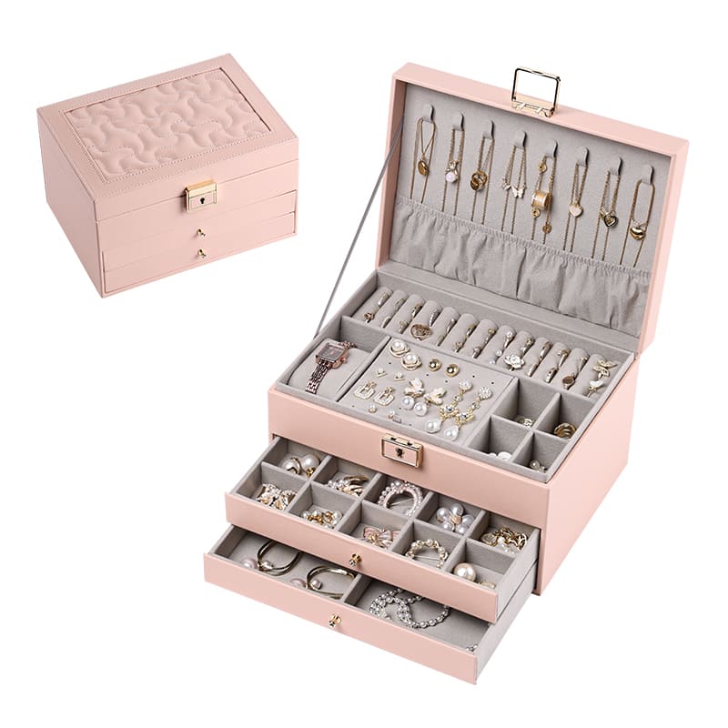 3 Layers PU Leather Jewelry Storage Box with Lock