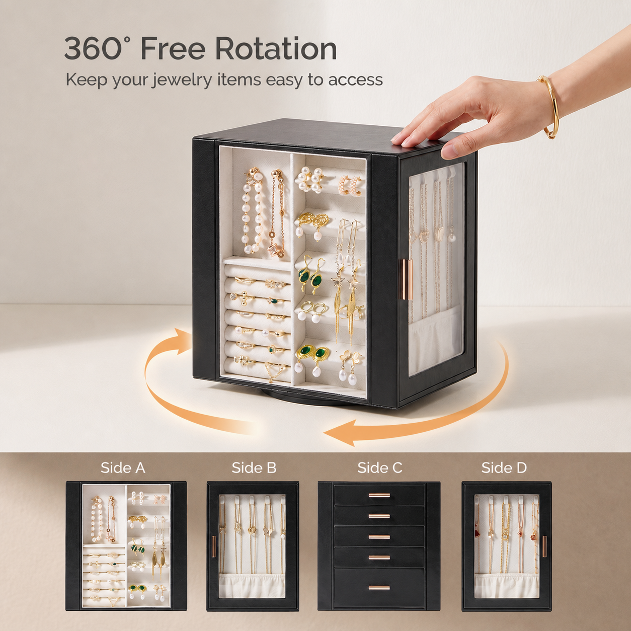 Casegrace 360° Rotatable Jewelry Cabinet, 4-Sided Jewelry Display Storage Case, With 5 Layer Drawers