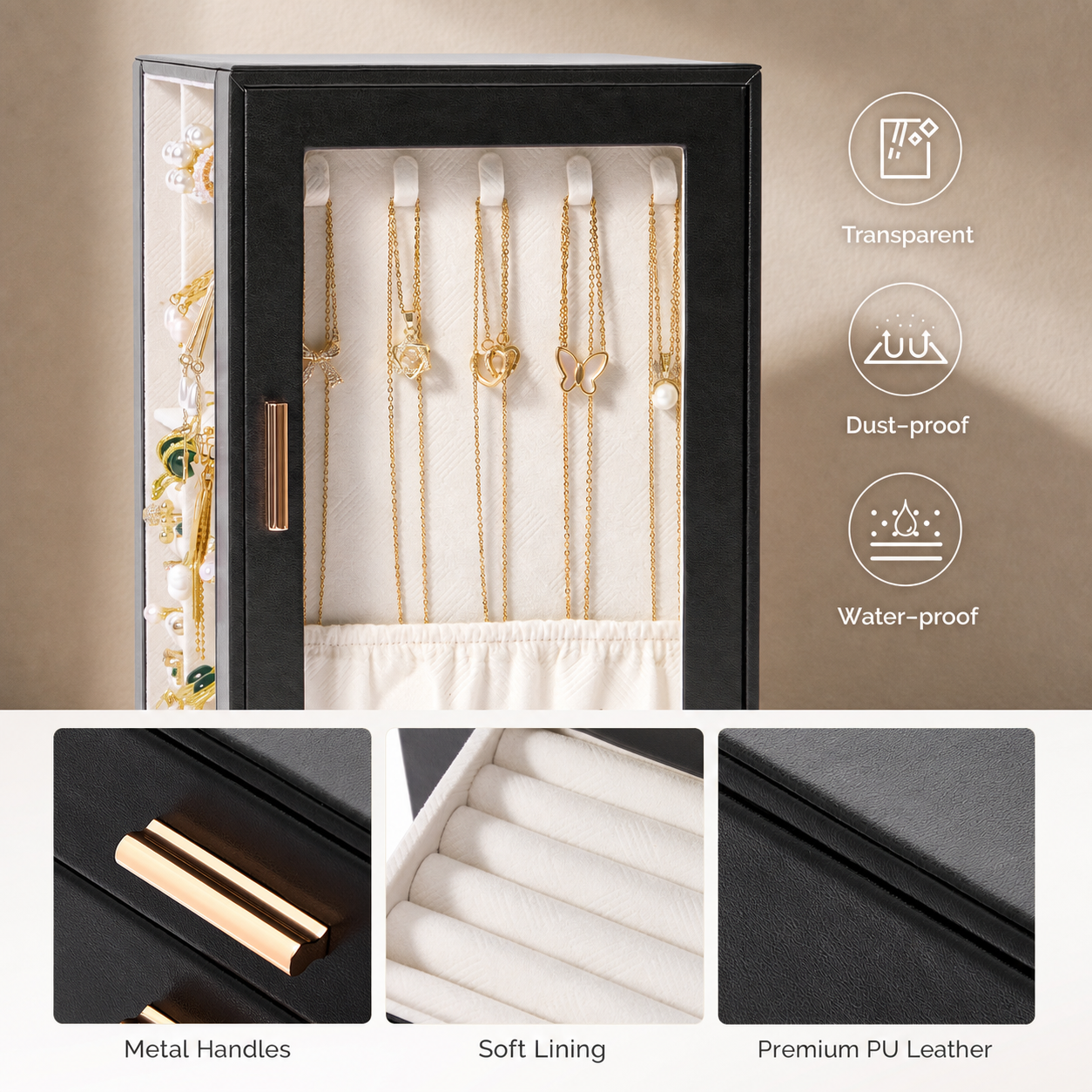 Casegrace 360° Rotatable Jewelry Cabinet, 4-Sided Jewelry Display Storage Case, With 5 Layer Drawers