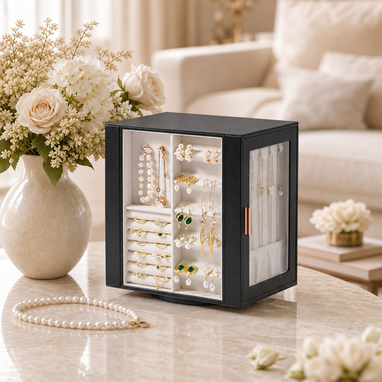 Casegrace 360° Rotatable Jewelry Cabinet, 4-Sided Jewelry Display Storage Case, With 5 Layer Drawers