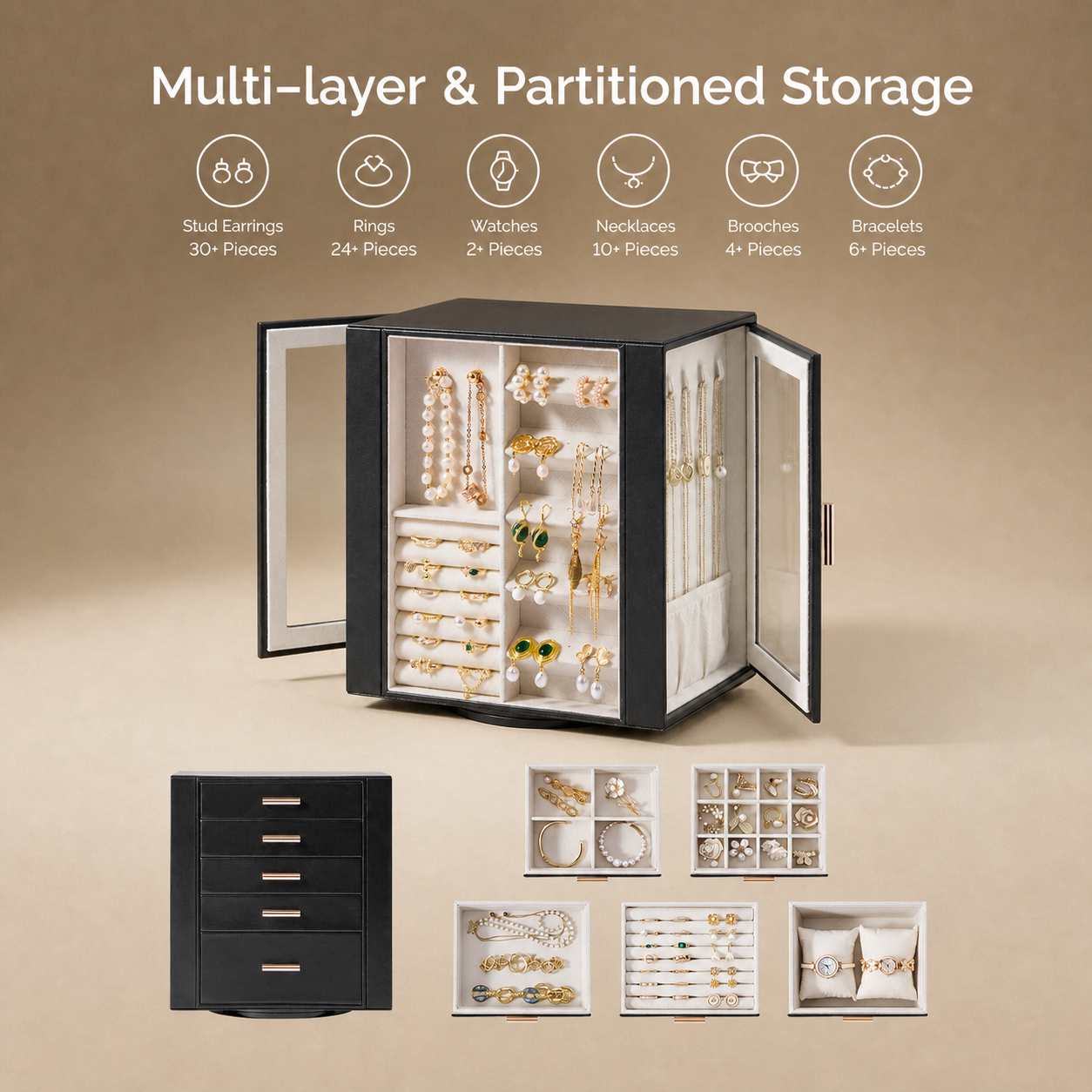 Casegrace 360° Rotatable Jewelry Cabinet, 4-Sided Jewelry Display Storage Case, With 5 Layer Drawers