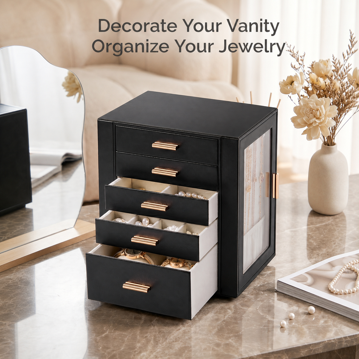 Casegrace 360° Rotatable Jewelry Cabinet, 4-Sided Jewelry Display Storage Case, With 5 Layer Drawers