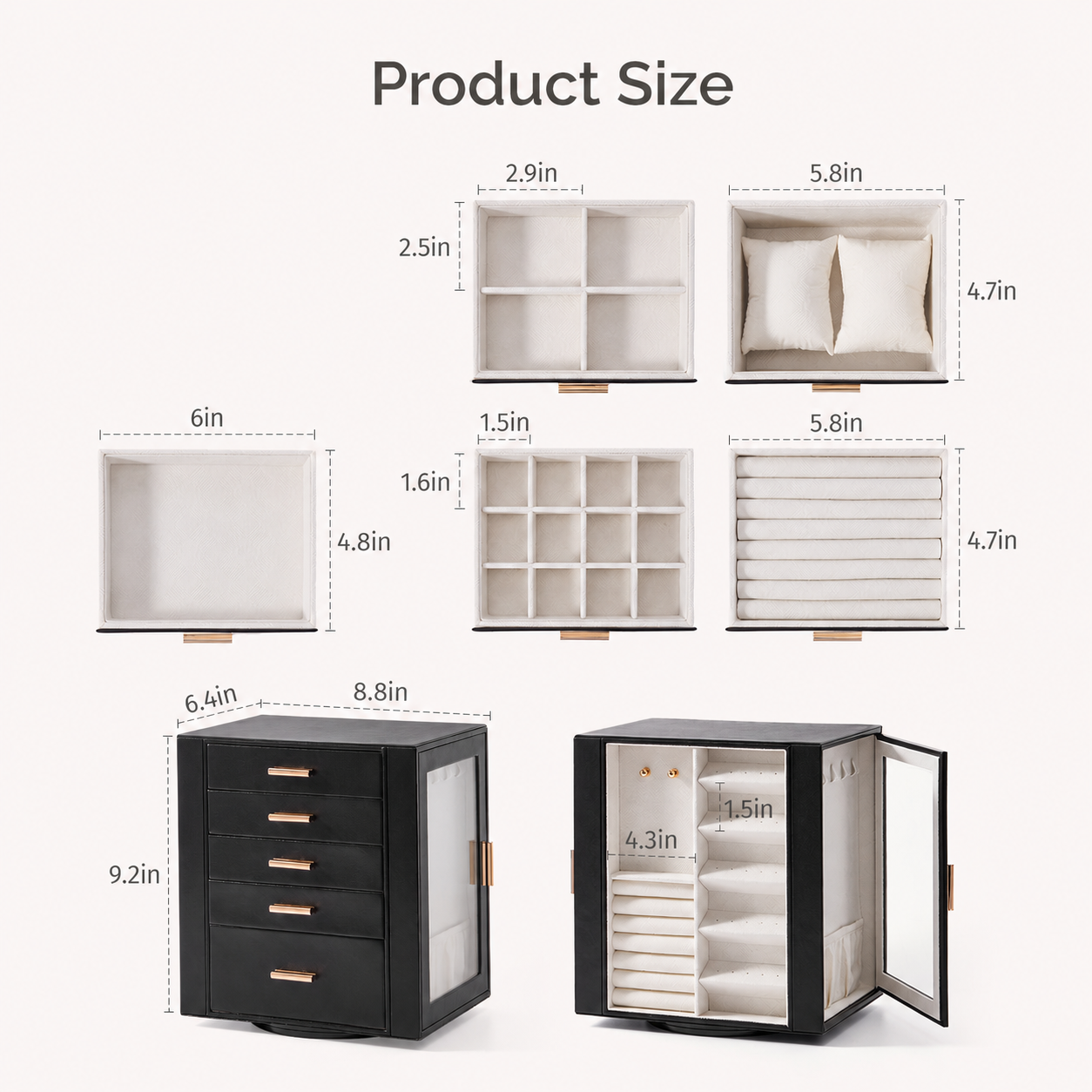 Casegrace 360° Rotatable Jewelry Cabinet, 4-Sided Jewelry Display Storage Case, With 5 Layer Drawers