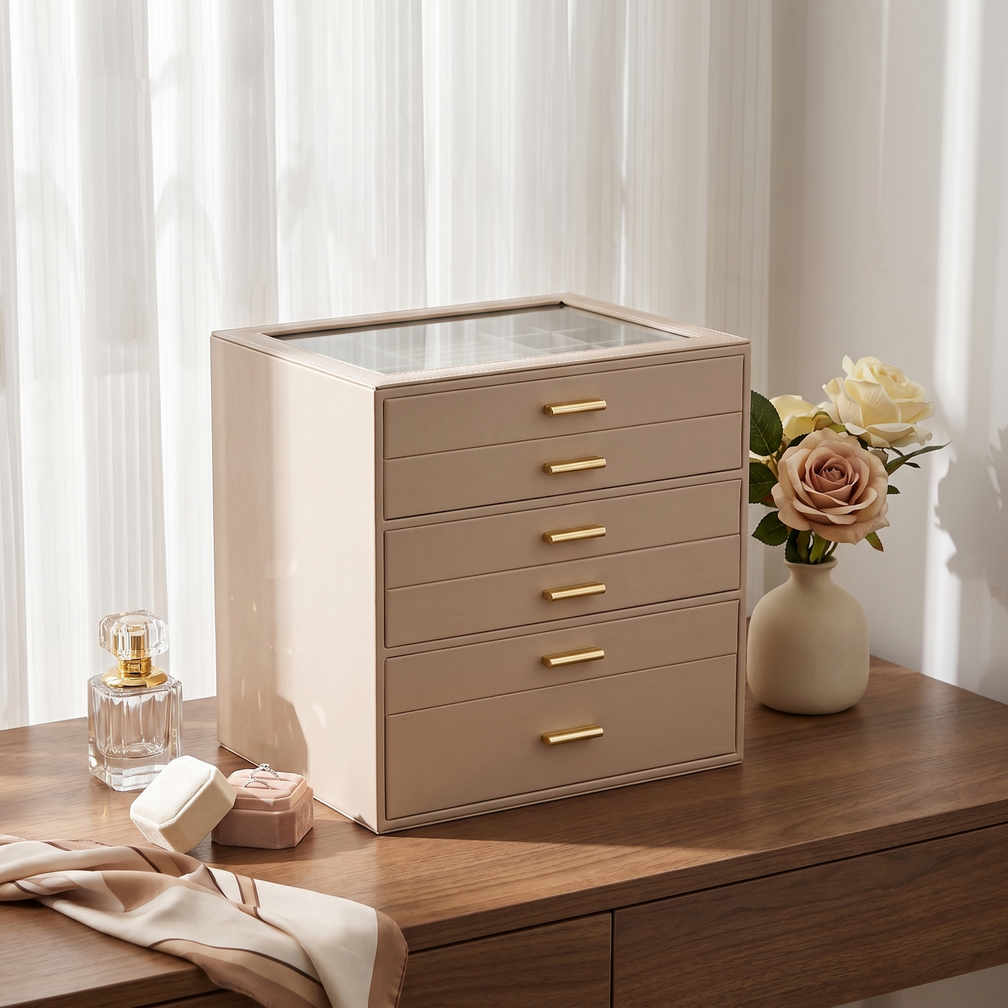 Casegrace 6 Drawer Huge Jewelry Box with Clear Glass Top, PU Leather Vanity Jewel Organizer Gift for Her Mom Bridesmaid