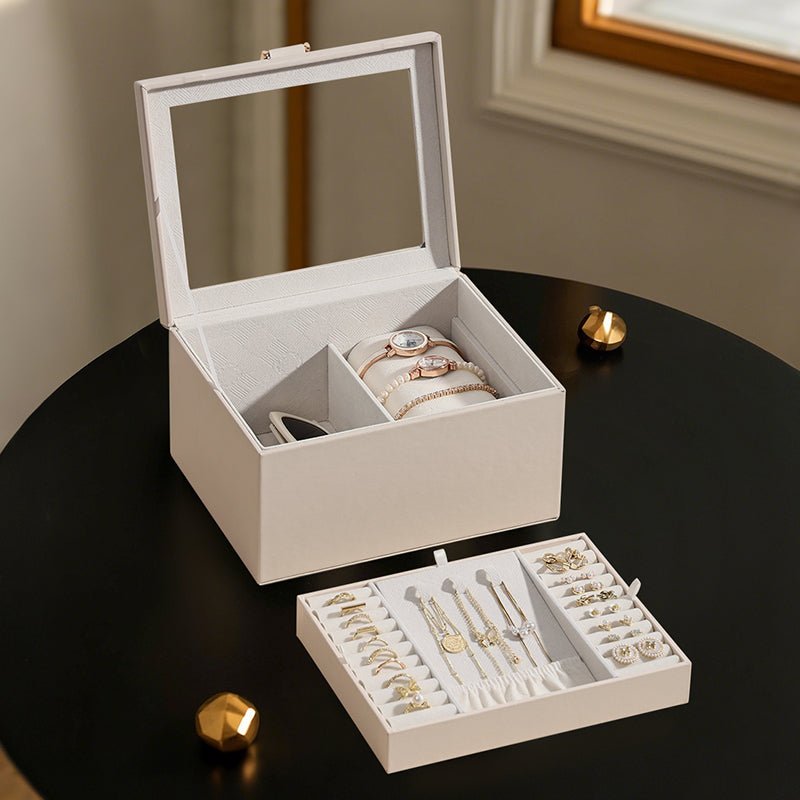 Casegrace Jewelry Box With Built-in Mirror & Double Panel Storage, Watch Pillows & Multi-compartment Design