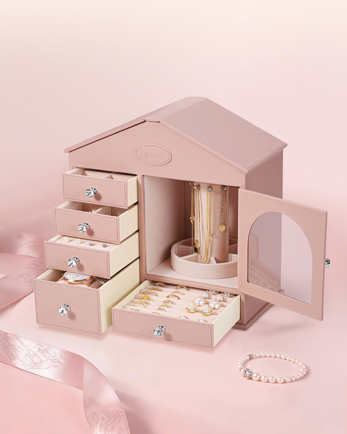 BIQI PINK Hut-shaped Jewelry Box With 5-layer Drawers