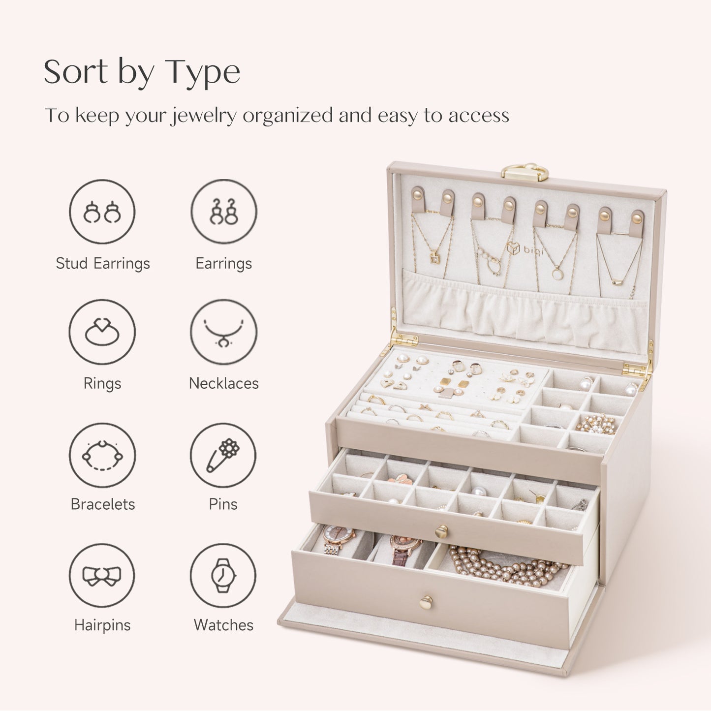 3-Tier Jewelry Organizer Box with 2 Drawers