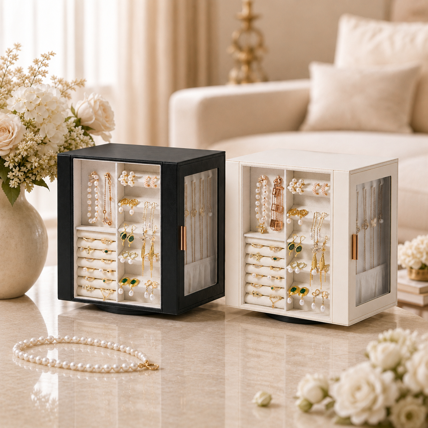Casegrace 360° Rotatable Jewelry Cabinet, 4-Sided Jewelry Display Storage Case, With 5 Layer Drawers