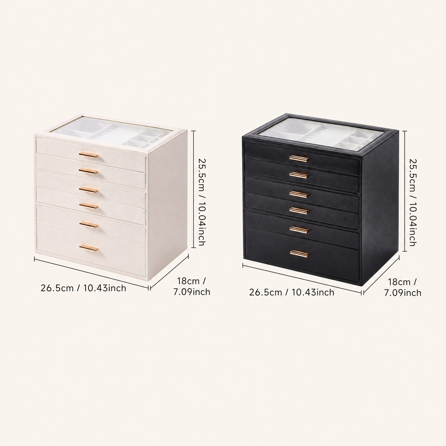 Casegrace 6 Drawer Large PU Leather Jewelry Storage Box with Clear Glass Top, Jewelry Organizer Case for Rings Earrings Necklaces Bracelets Watches