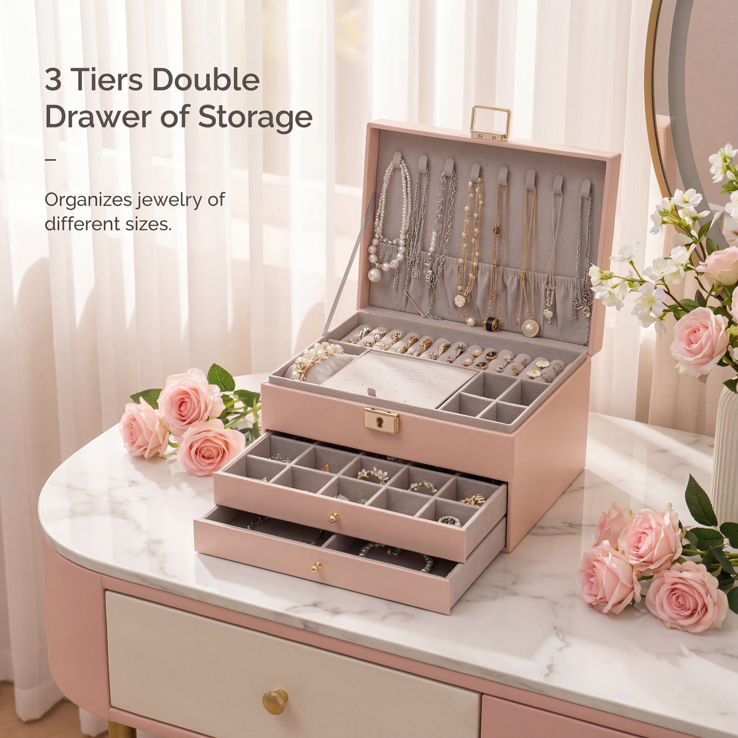Casegrace 3‑Layer Drawer Jewelry Organizer for Necklaces Rings Bracelets, Large Lockable Jewelry Box