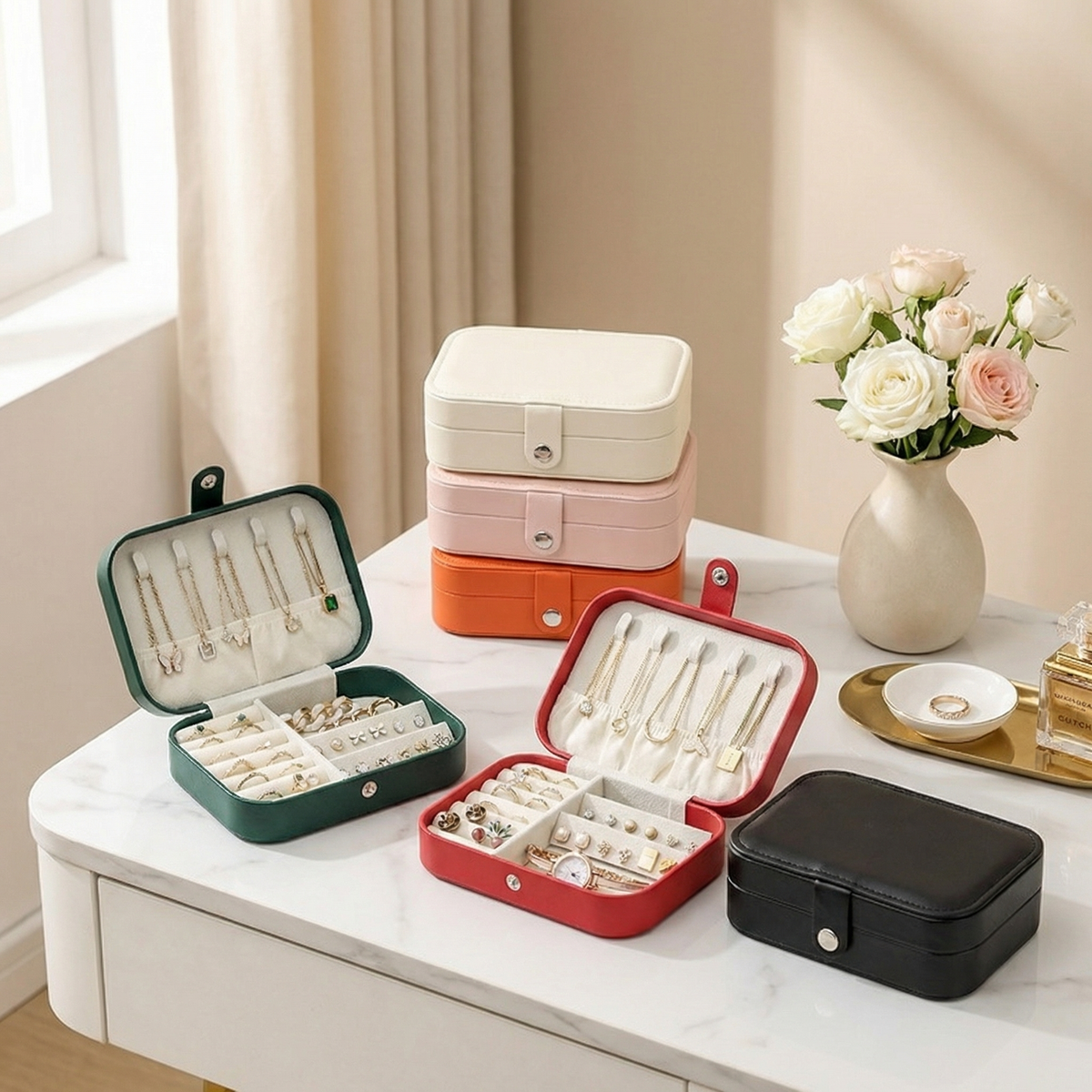 Casegrace Portable Travel Jewelry Box PU Leather Snap‑Closure Jewelry Organizer for Women