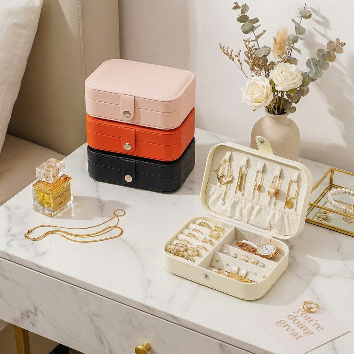 Casegrace Portable Travel Jewelry Box PU Leather Snap‑Closure Jewelry Organizer for Women