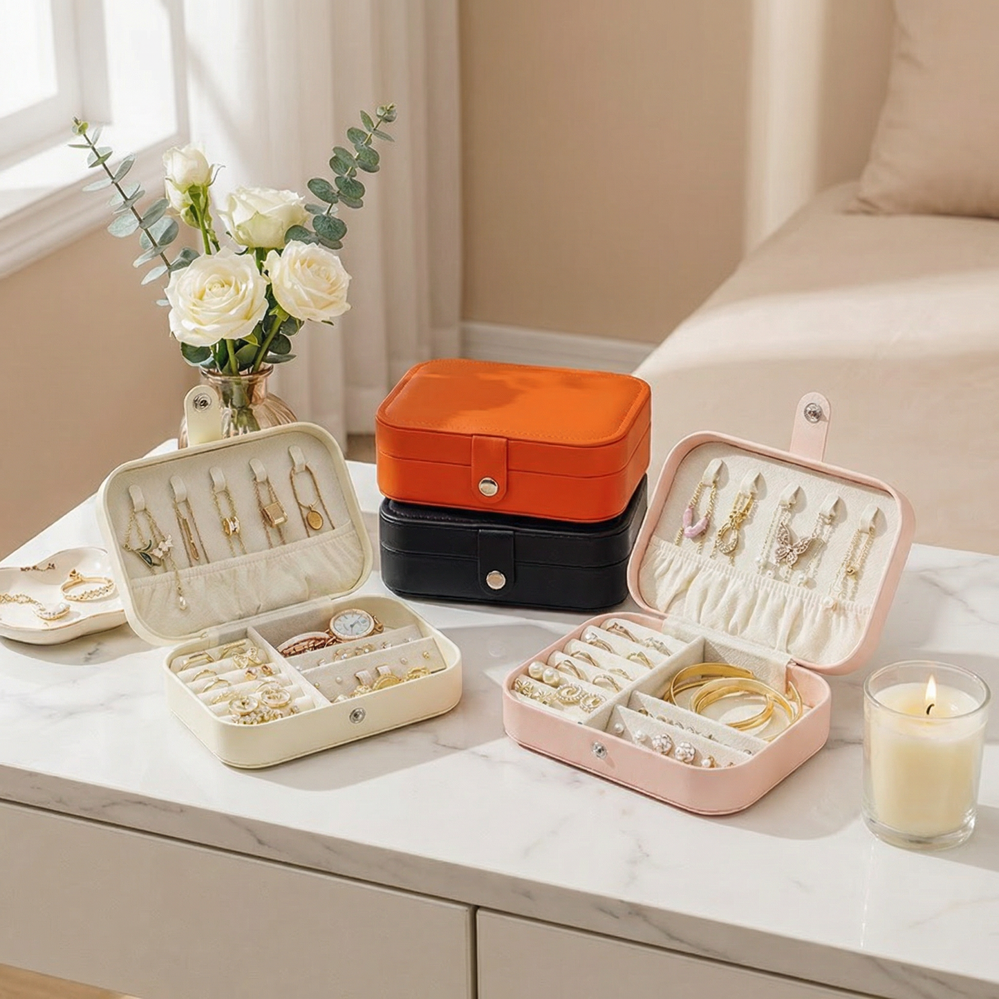 Casegrace Portable Travel Jewelry Box PU Leather Snap‑Closure Jewelry Organizer for Women