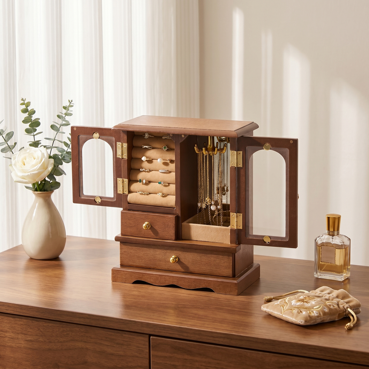 Casegrace Retro Wood Jewelry Cabinet, Rotatable Necklace Hanger Multi‑Compartment Jewelry Storage Organizer