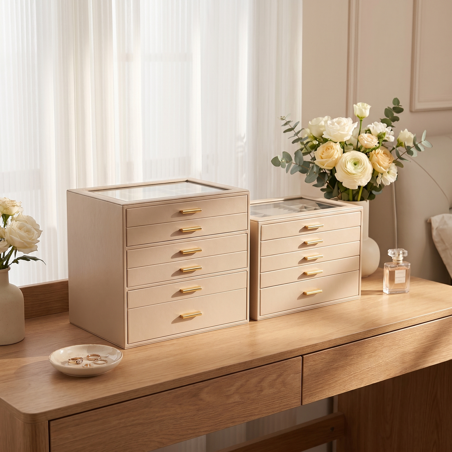 Casegrace 6 Drawer Huge Jewelry Box with Clear Glass Top, PU Leather Vanity Jewel Organizer Gift for Her Mom Bridesmaid