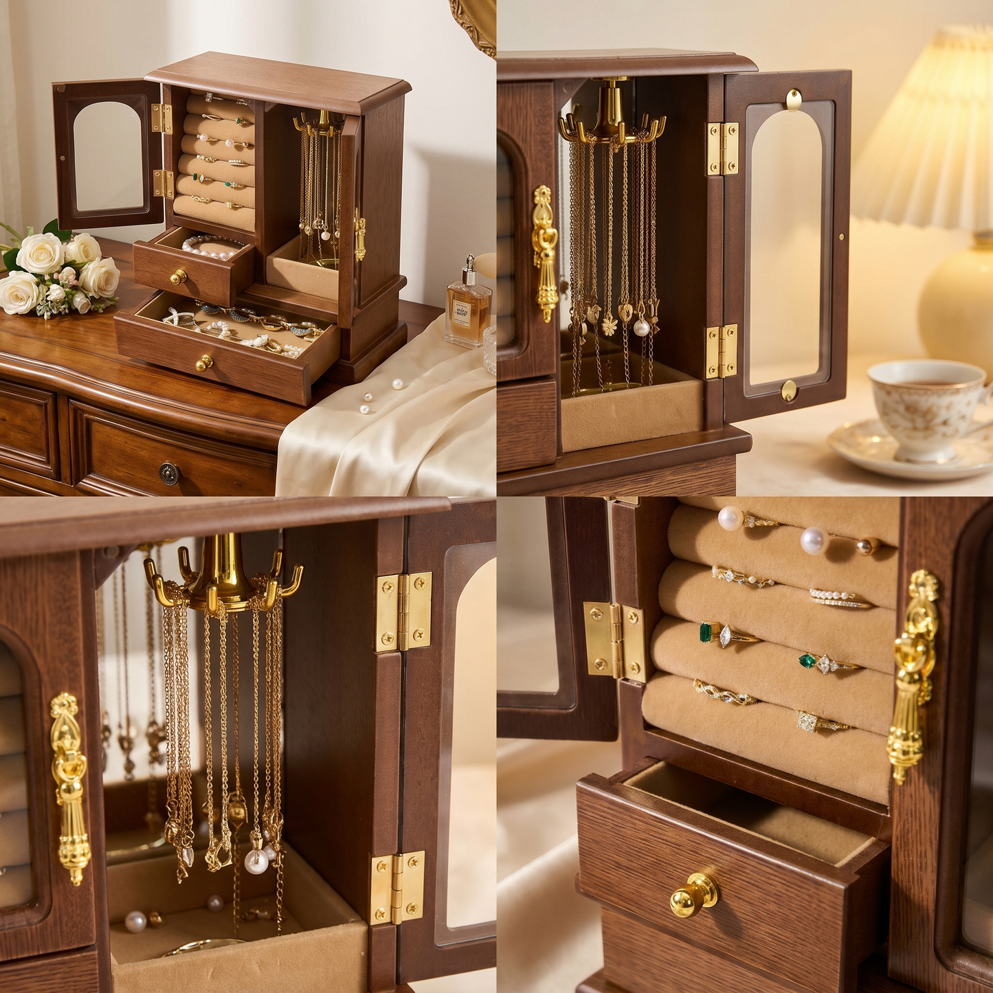 Casegrace Retro Wood Jewelry Cabinet, Rotatable Necklace Hanger Multi‑Compartment Jewelry Storage Organizer
