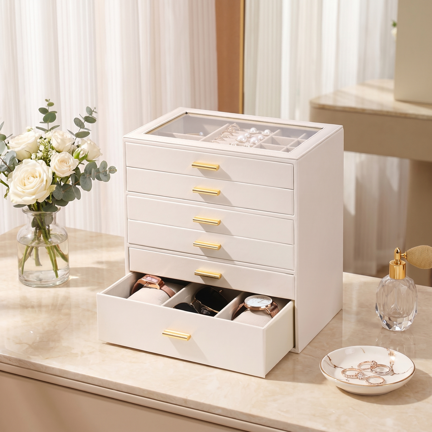 Casegrace 6 Drawer Huge Jewelry Box with Clear Glass Top, PU Leather Vanity Jewel Organizer Gift for Her Mom Bridesmaid