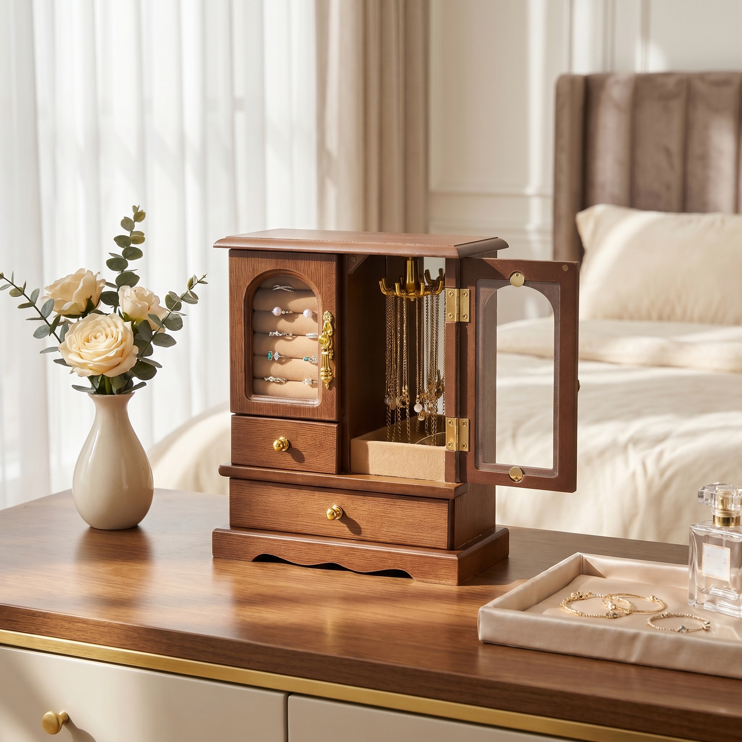 Casegrace Retro Wood Jewelry Cabinet, Rotatable Necklace Hanger Multi‑Compartment Jewelry Storage Organizer