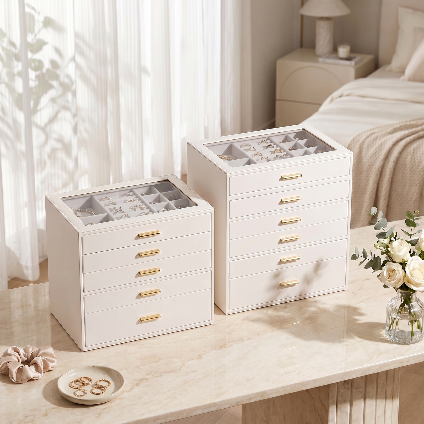 Casegrace 6 Drawer Huge Jewelry Box with Clear Glass Top, PU Leather Vanity Jewel Organizer Gift for Her Mom Bridesmaid