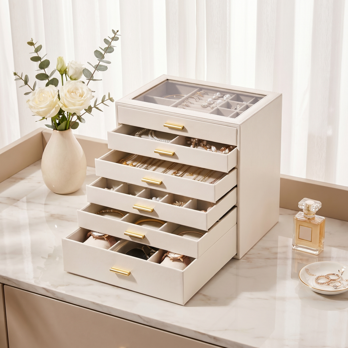 Casegrace 6 Drawer Huge Jewelry Box with Clear Glass Top, PU Leather Vanity Jewel Organizer Gift for Her Mom Bridesmaid