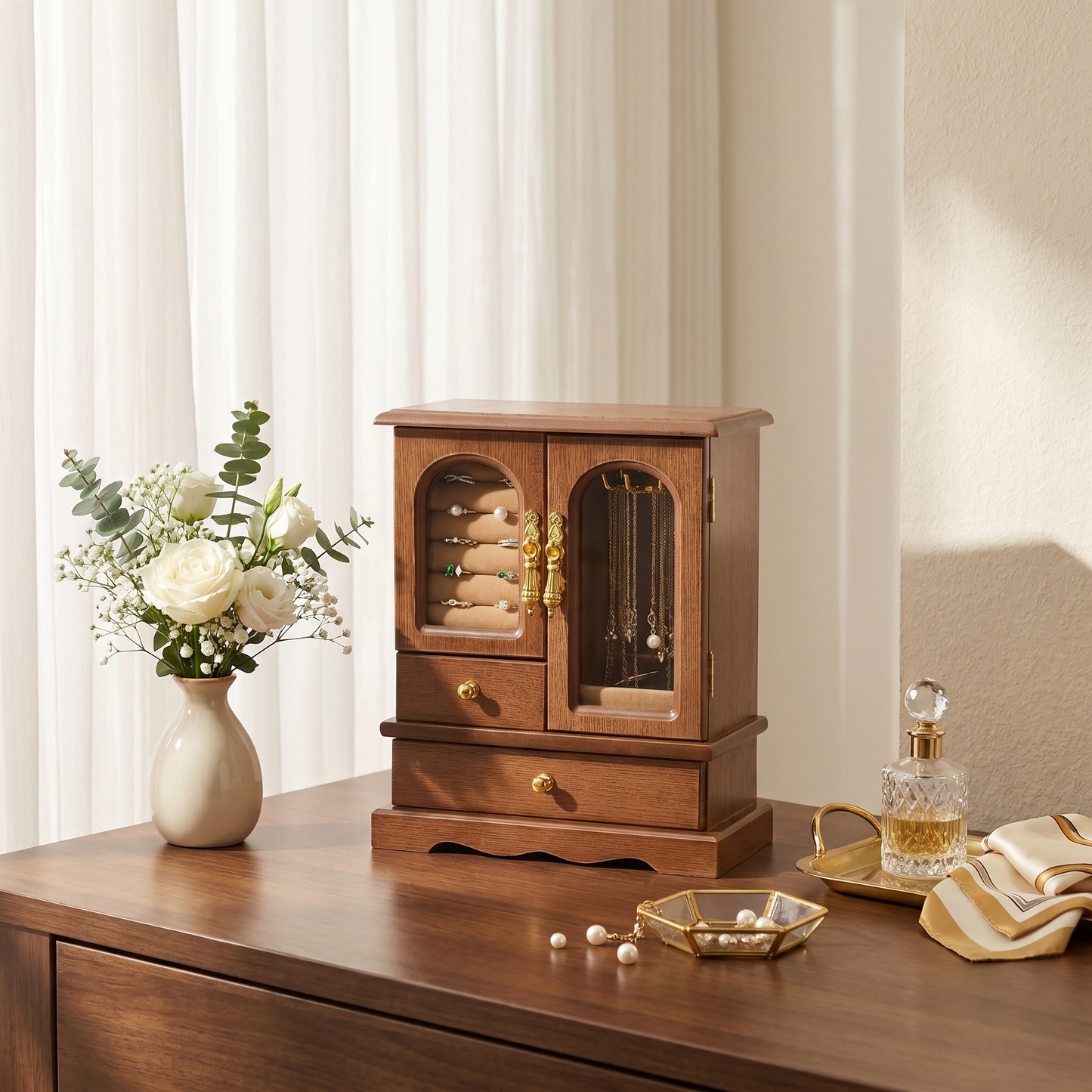 Casegrace Retro Wood Jewelry Cabinet, Rotatable Necklace Hanger Multi‑Compartment Jewelry Storage Organizer