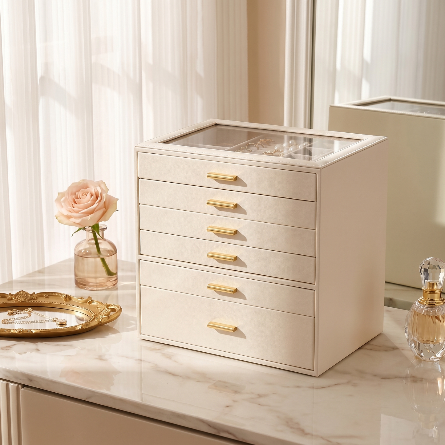 Casegrace 6 Drawer Huge Jewelry Box with Clear Glass Top, PU Leather Vanity Jewel Organizer Gift for Her Mom Bridesmaid