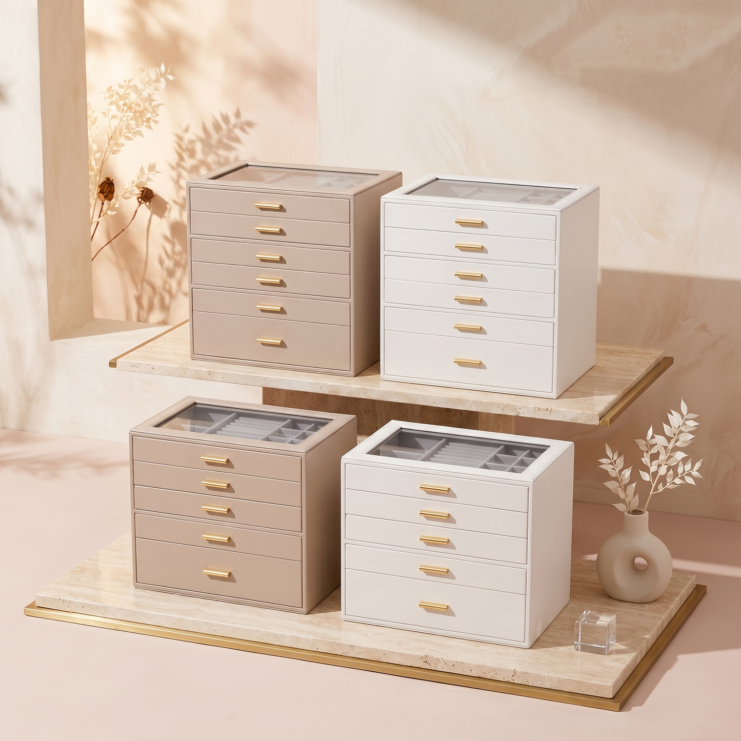 Casegrace 6 Drawer Huge Jewelry Box with Clear Glass Top, PU Leather Vanity Jewel Organizer Gift for Her Mom Bridesmaid
