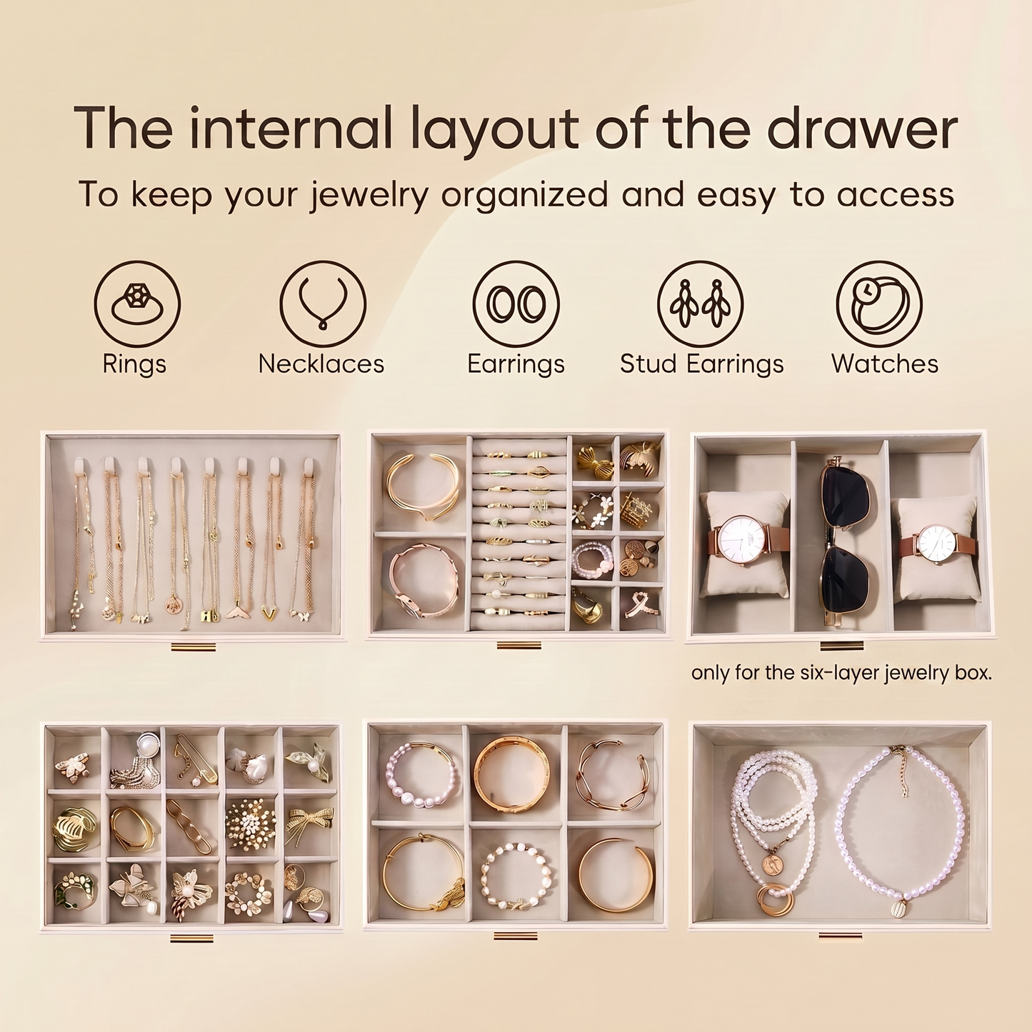 Casegrace 6 Drawer Huge Jewelry Box with Clear Glass Top, PU Leather Vanity Jewel Organizer Gift for Her Mom Bridesmaid