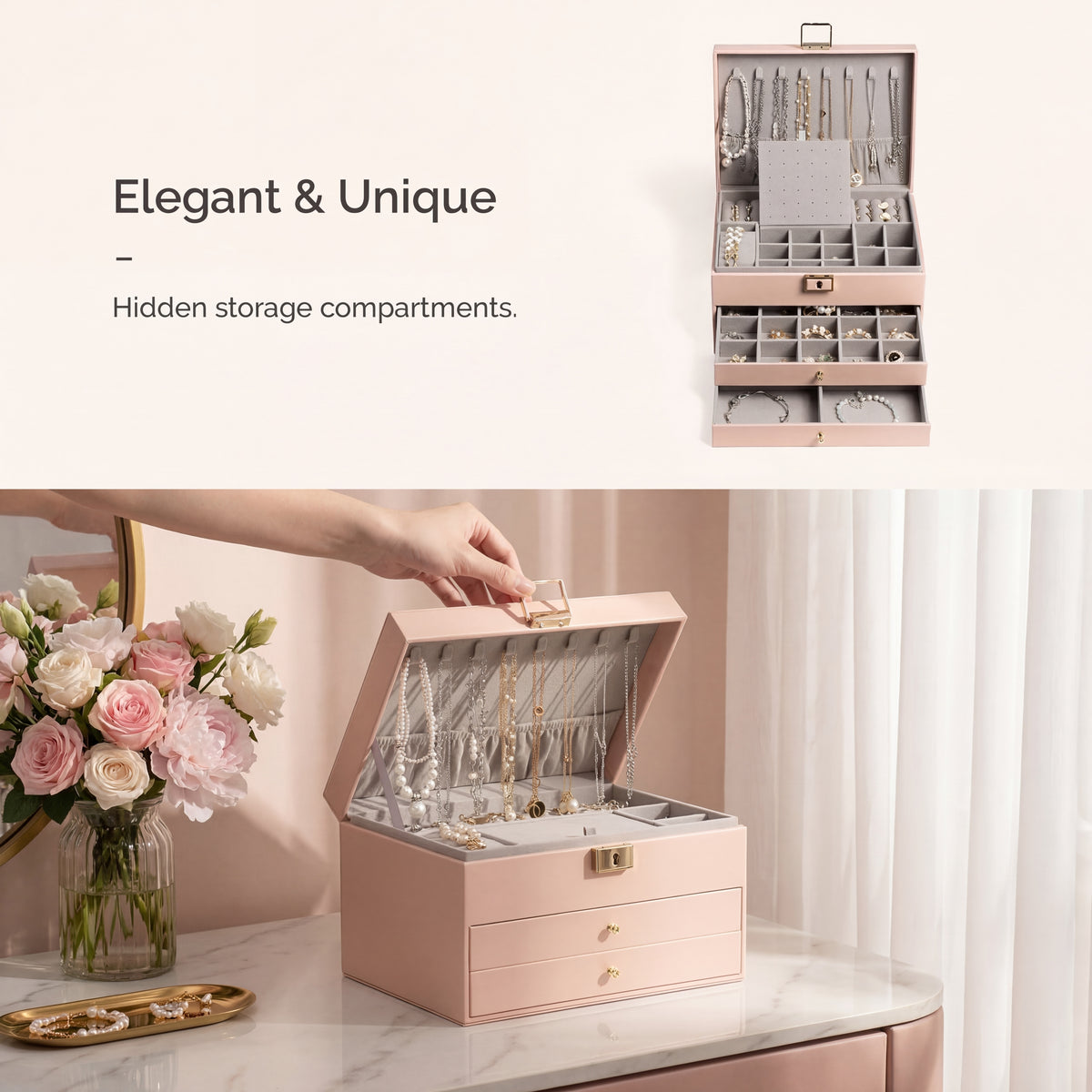 Casegrace 3‑Layer Drawer Jewelry Organizer for Necklaces Rings Bracelets, Large Lockable Jewelry Box