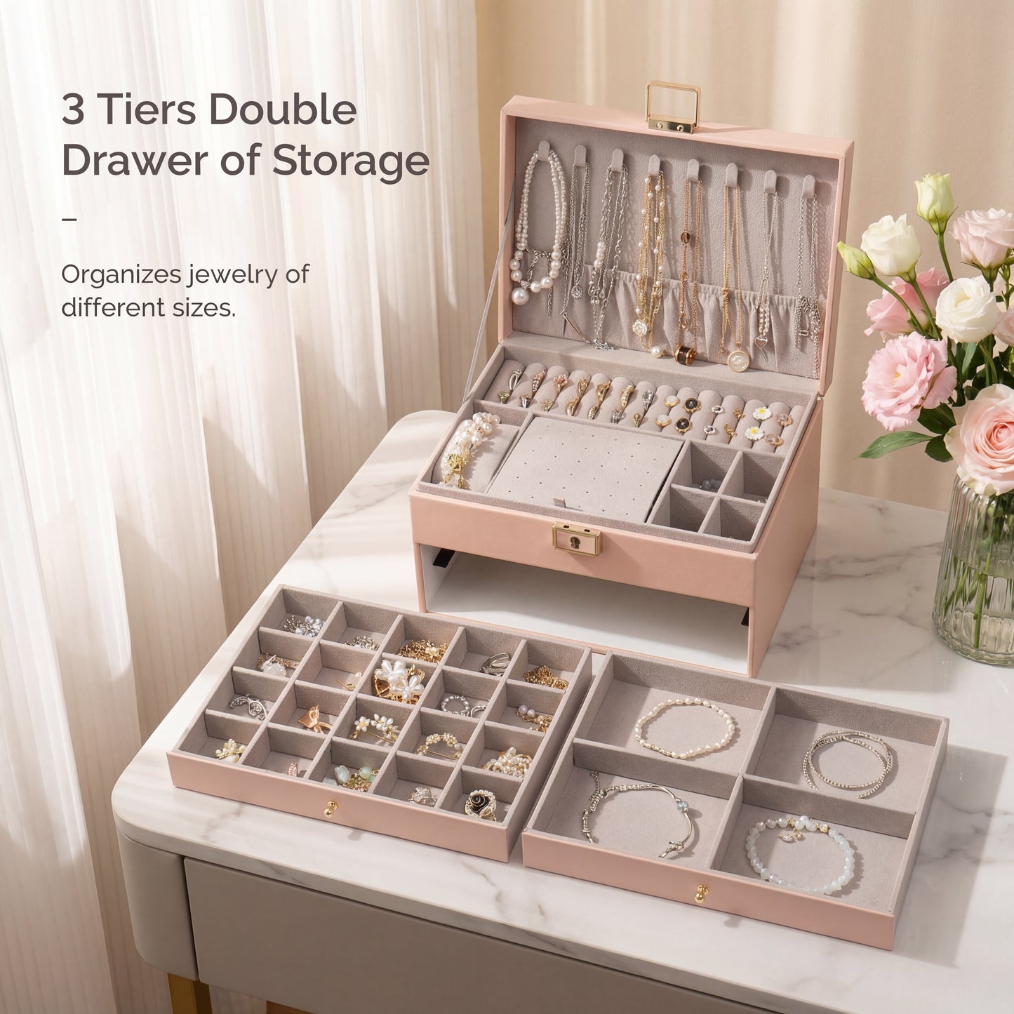 Casegrace 3‑Layer Drawer Jewelry Organizer for Necklaces Rings Bracelets, Large Lockable Jewelry Box