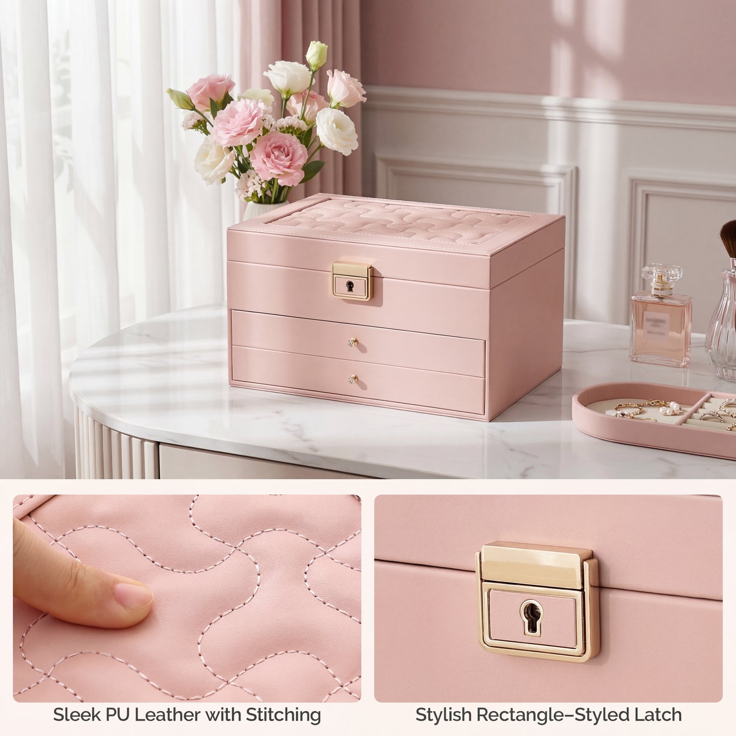 Casegrace 3‑Layer Drawer Jewelry Organizer for Necklaces Rings Bracelets, Large Lockable Jewelry Box