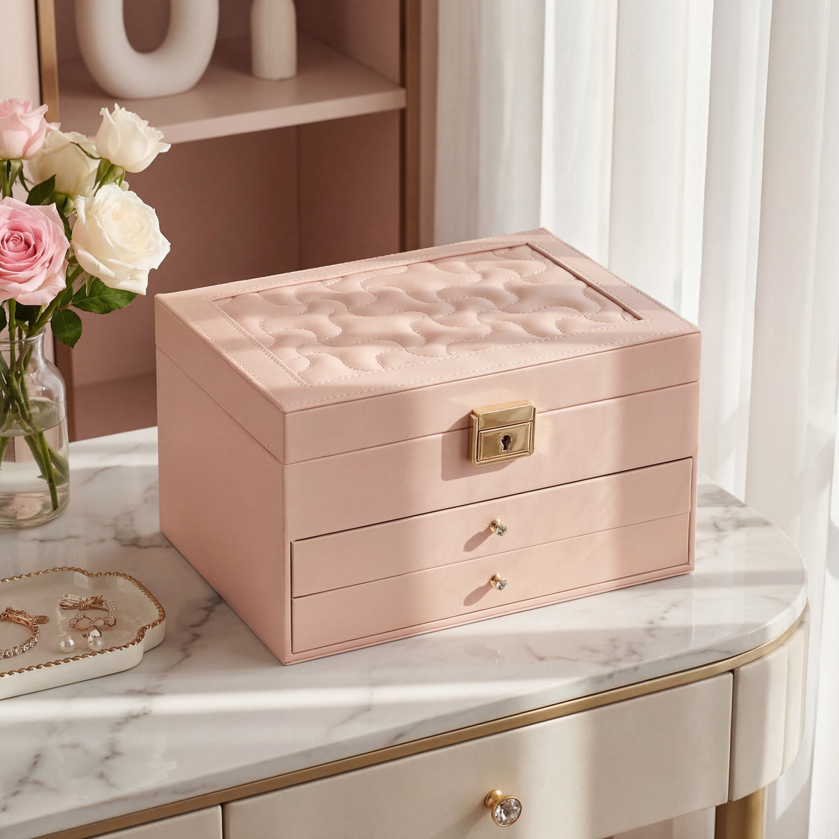Casegrace 3‑Layer Drawer Jewelry Organizer for Necklaces Rings Bracelets, Large Lockable Jewelry Box