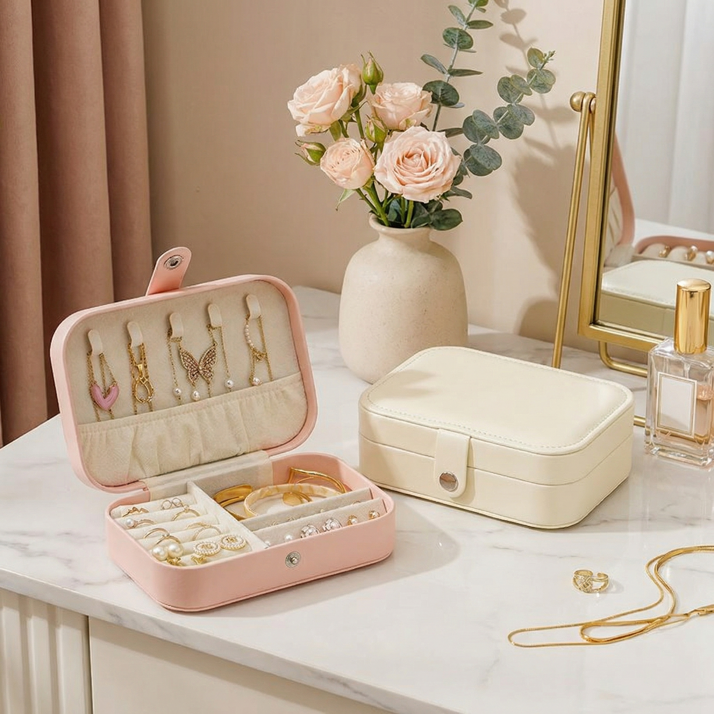Casegrace Portable Travel Jewelry Box PU Leather Snap‑Closure Jewelry Organizer for Women
