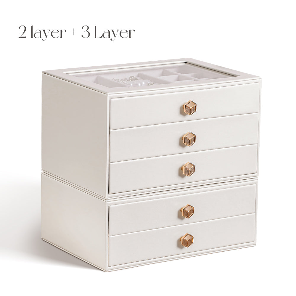 Jewelry Box for Women with Glass Lid-3 Drawers