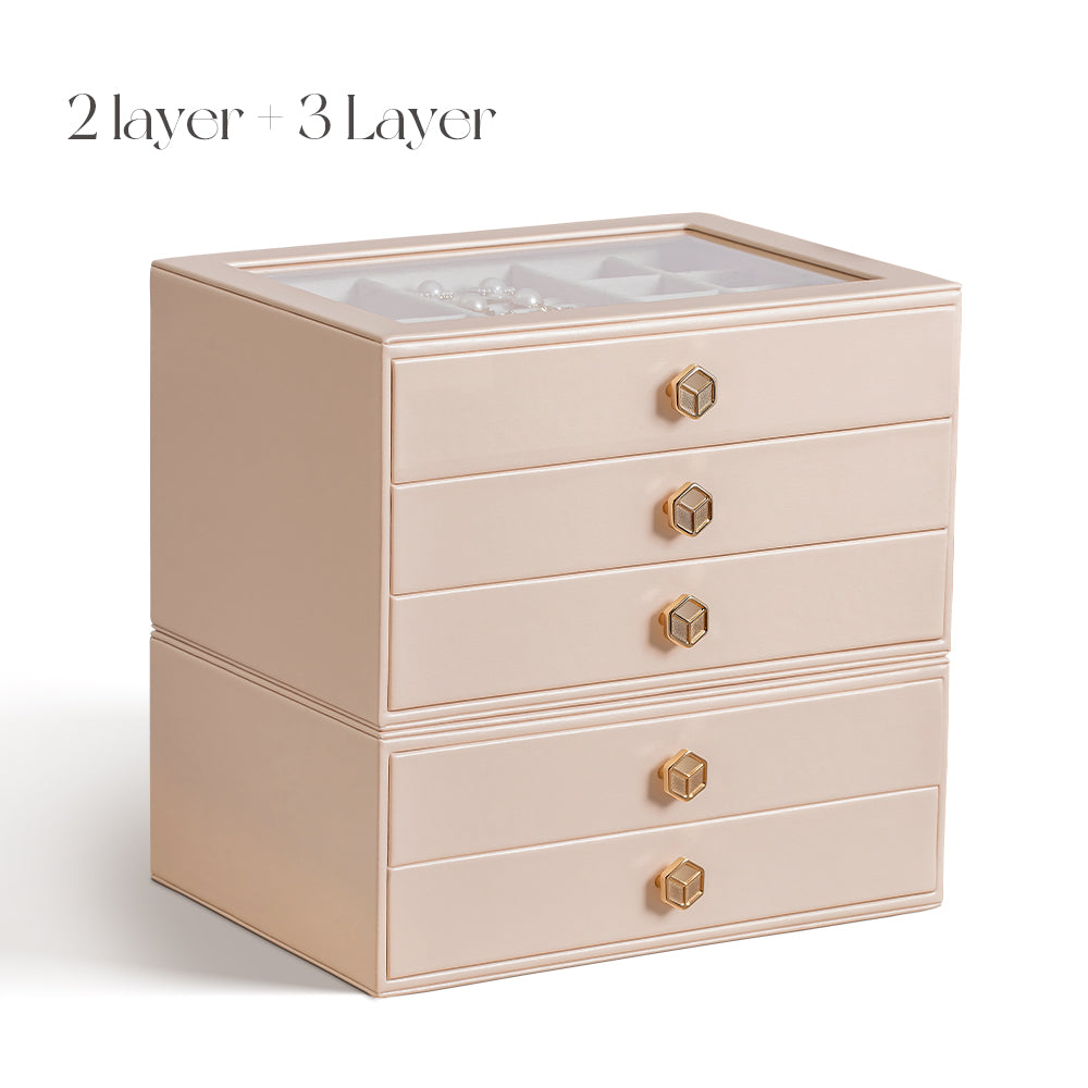 Jewelry Box for Women with Glass Lid-3 Drawers