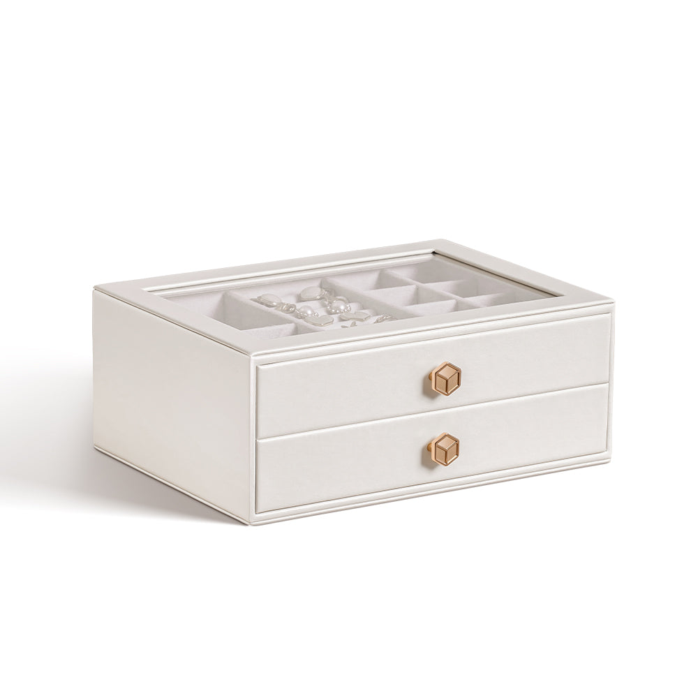 Jewelry Box for Women with Glass Lid-2 Drawers