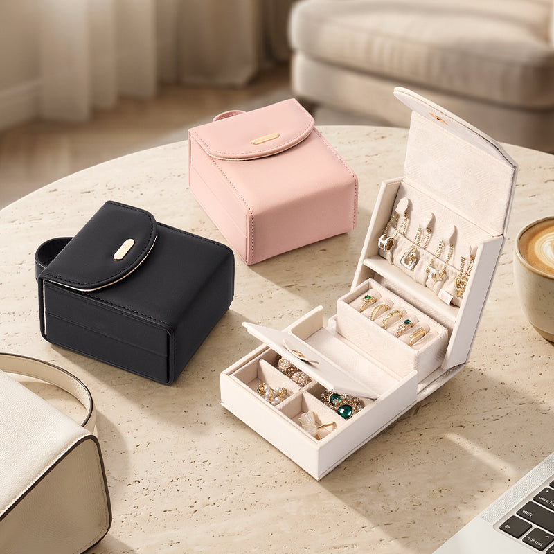 Casegrace Tri‑Fold Portable Handle Travel Jewelry Box, PU Leather Jewelry Organizer