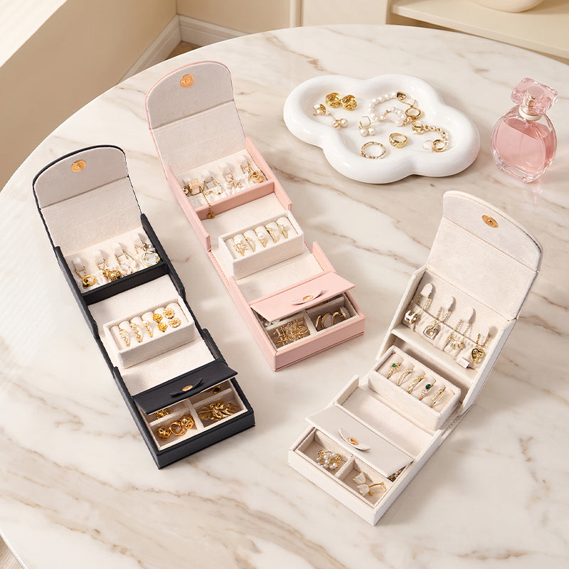 Casegrace Tri‑Fold Portable Handle Travel Jewelry Box, PU Leather Jewelry Organizer