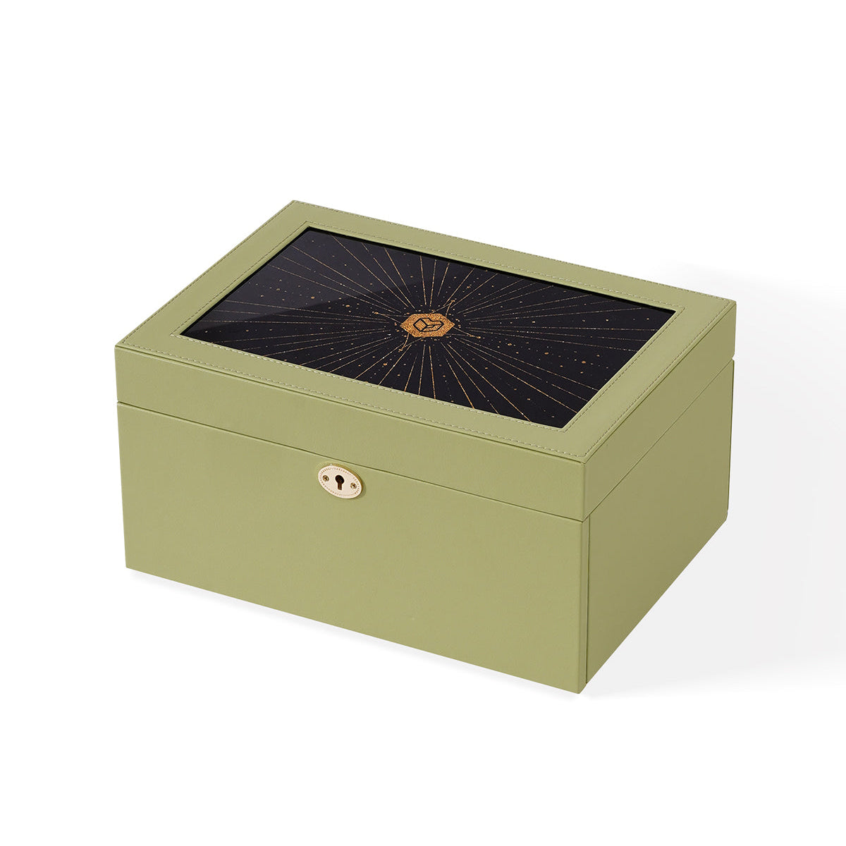 Casegrace 4-Tier Jewelry Box with Flowing-Gold Decoration Glass Lid, Built-in Mirror, Double Drawer, With Key