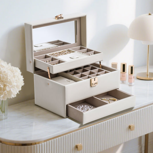 CASEGRACE Jewelry Organizer Box,3 Layers Leather Jewelry Storage Case with Portable Jewelry Case, Removable Jewelry Tray, Home and Travels Storage,Gift for Women