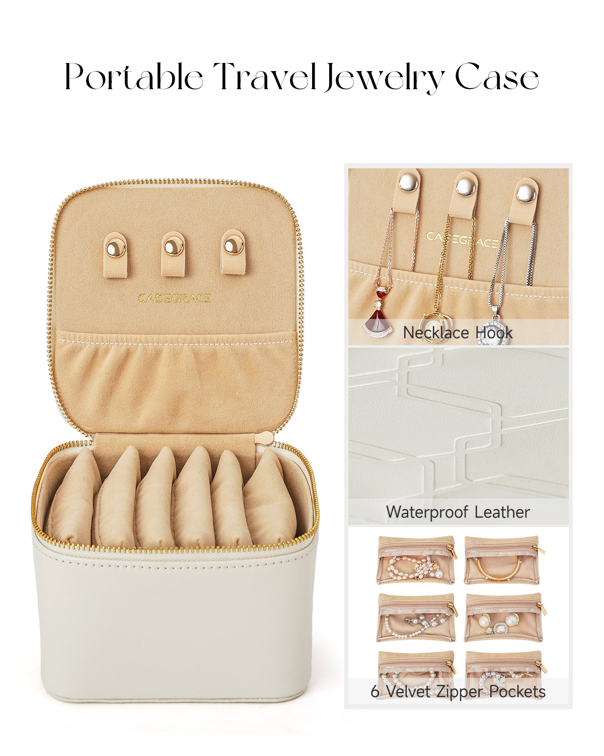 CASEGRACE Travel Jewelry Case, Jewelry Organizer with 6 Velvet Pouch Bags